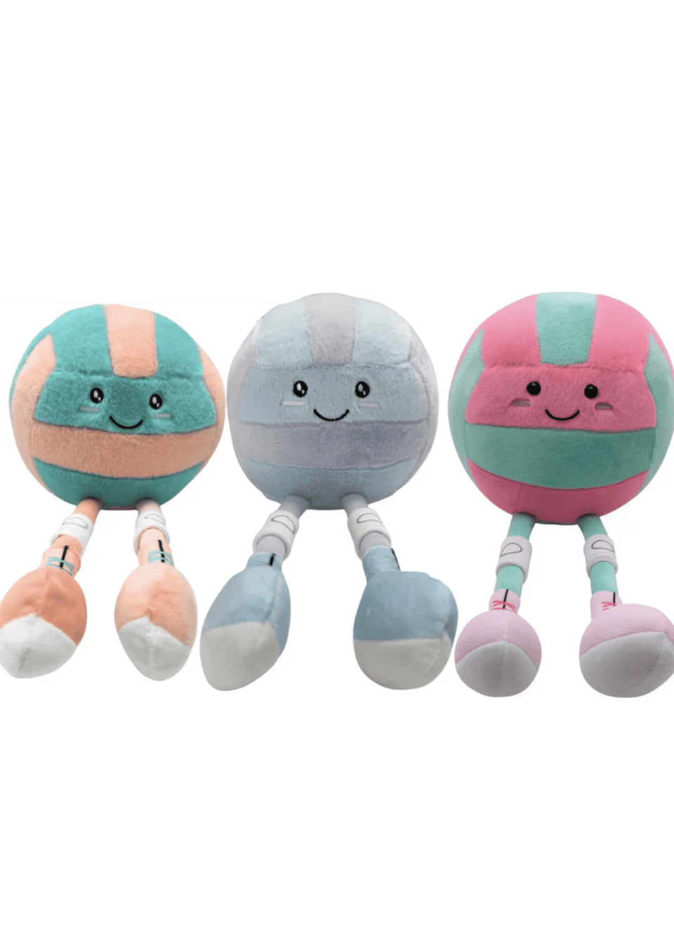 Three colorful plush rattle toys with smiling faces on a white background